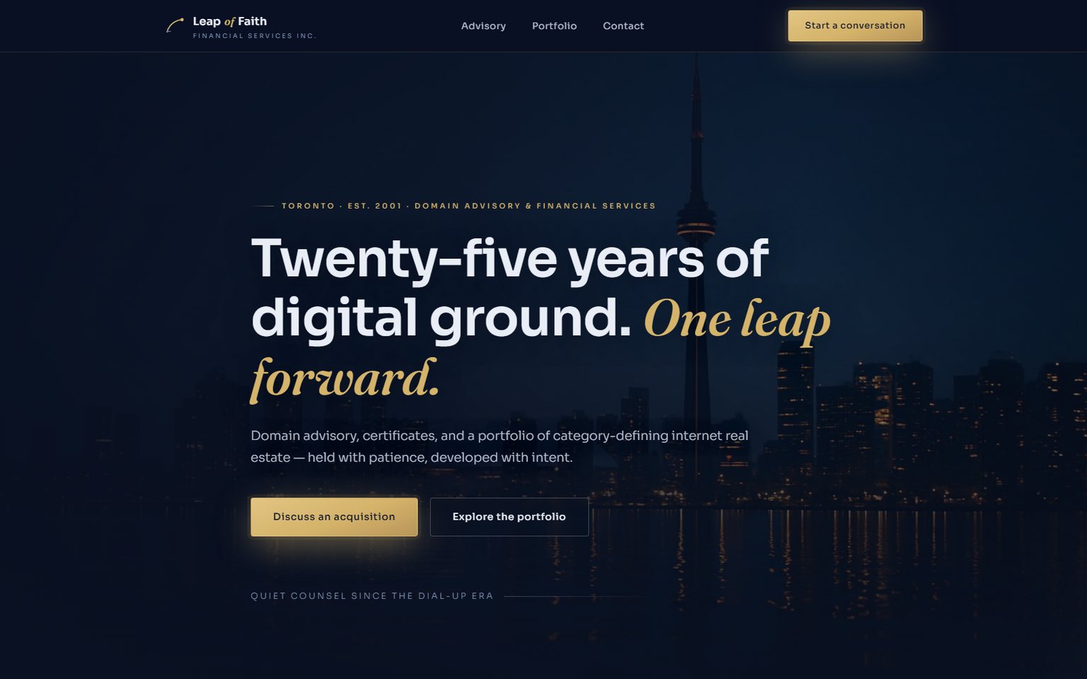 Leap of Faith — the Midnight Ledger concept over the Toronto dusk