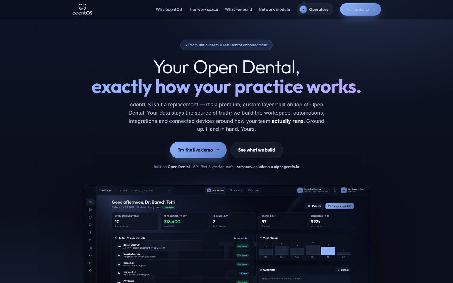 odontOS — the practice dashboard, deep violet on black
