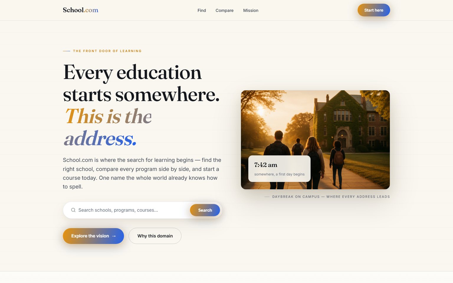 School.com — the Daybreak Campus concept, warm paper and morning light